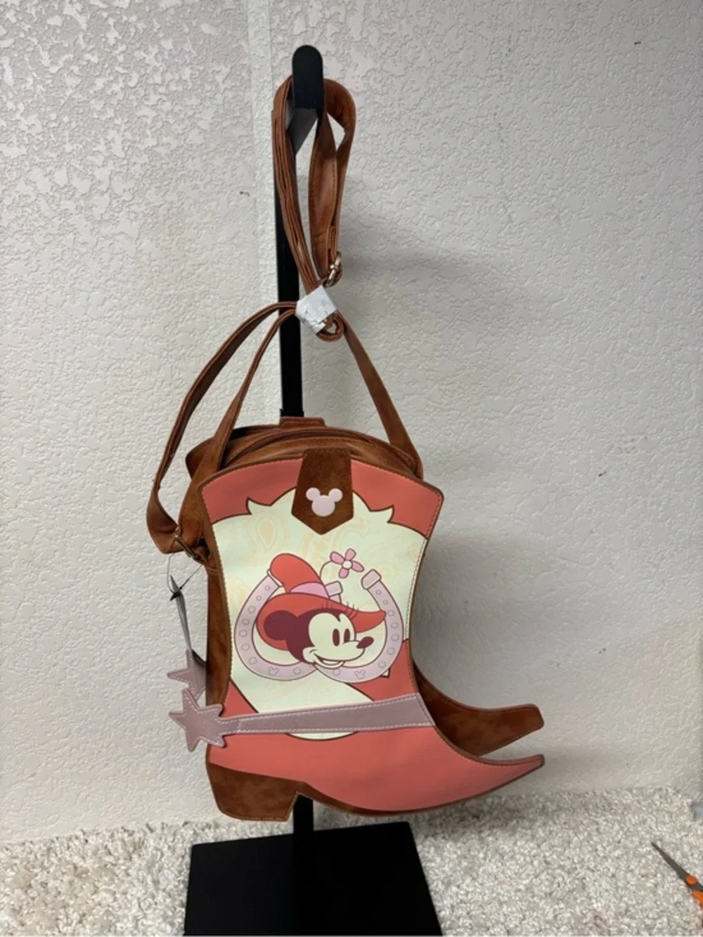 Disney Minnie Mouse Coral and Cream Cowgirl Boot Crossbody Bag